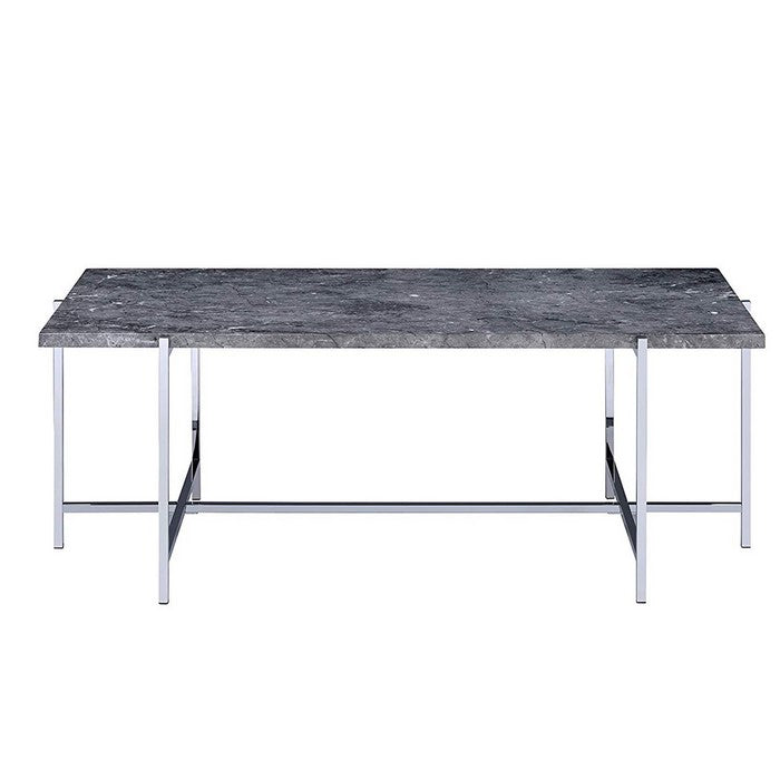 Marble Top Coffee Table with Trestle Base , Gray and Silver