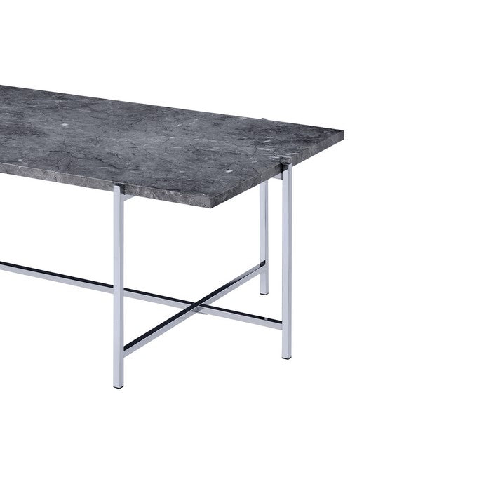 Marble Top Coffee Table with Trestle Base , Gray and Silver