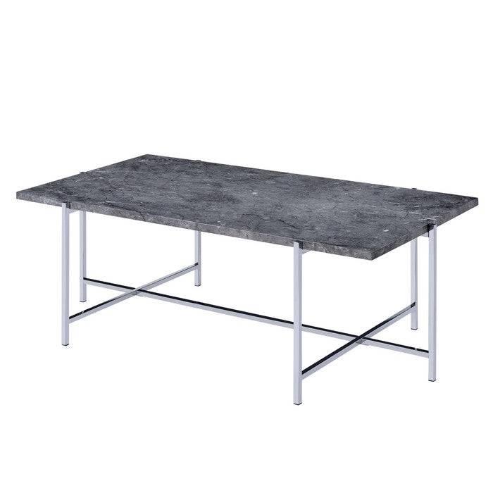 Marble Top Coffee Table with Trestle Base , Gray and Silver