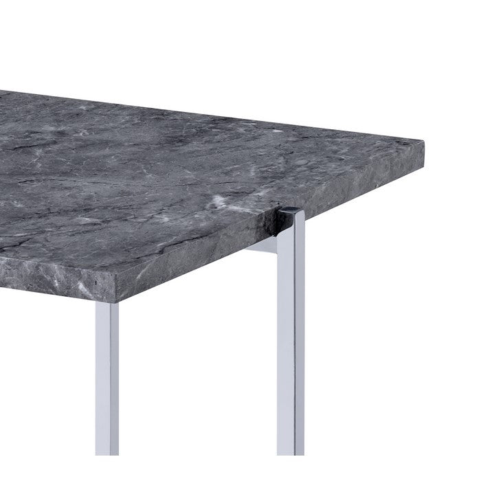 Contemporary Marble Top End Table with Trestle Base , Gray and Silver