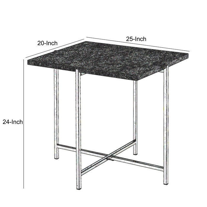 Contemporary Marble Top End Table with Trestle Base , Gray and Silver