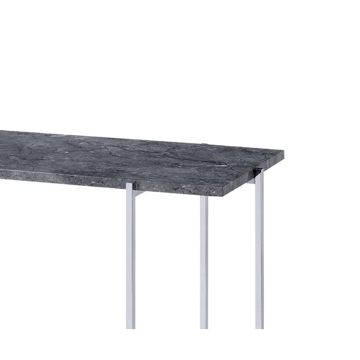 Contemporary Marble Top Sofa Table with Trestle Base , Gray and Silver