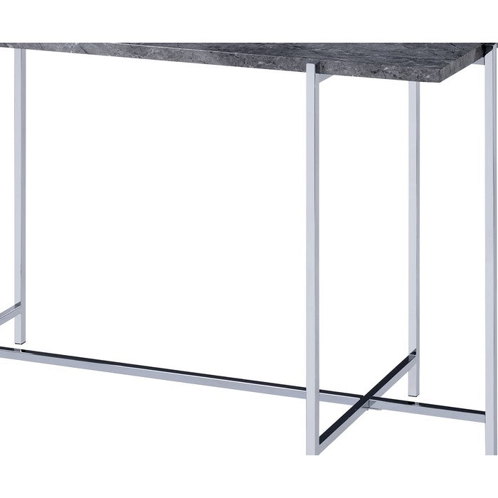Contemporary Marble Top Sofa Table with Trestle Base , Gray and Silver