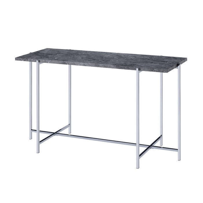 Contemporary Marble Top Sofa Table with Trestle Base , Gray and Silver