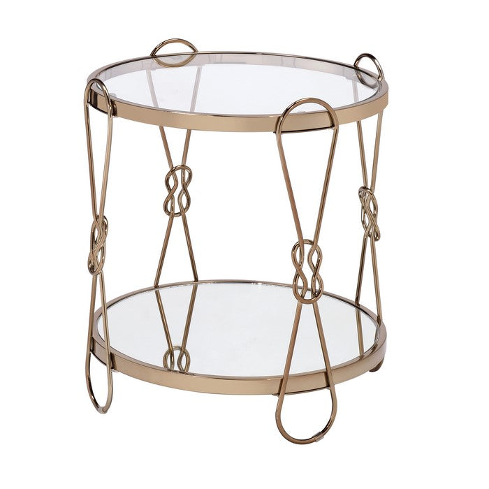 Metal End Table with Mirrored Top and 1 Bottom shelf, Gold and Clear