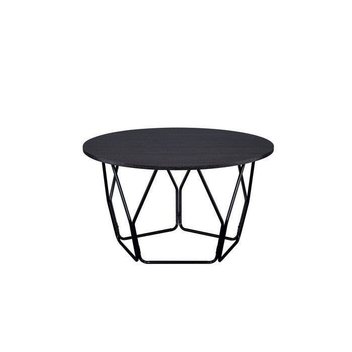 Industrial Round Top Wooden Coffee Table with Geometric Base, Black