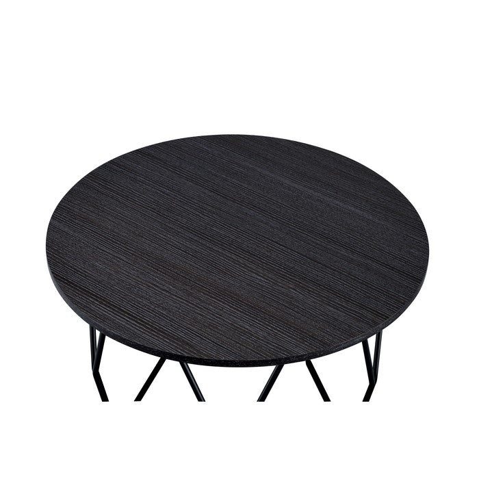 Industrial Round Top Wooden Coffee Table with Geometric Base, Black