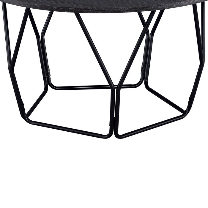 Industrial Round Top Wooden Coffee Table with Geometric Base, Black