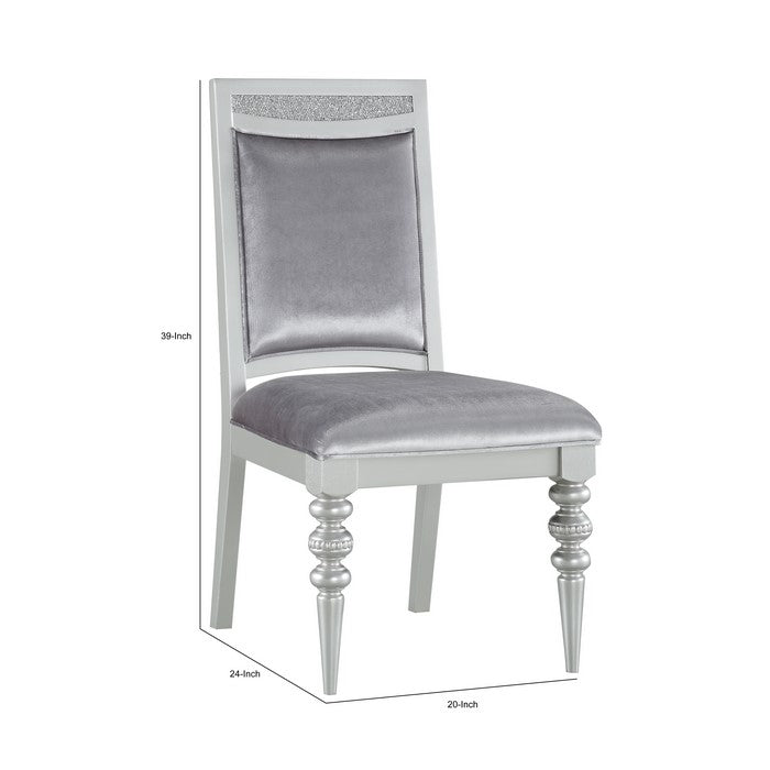 Crystal Inlaid Fabric Upholstered Wooden Side Chair, Set of 2, Silver