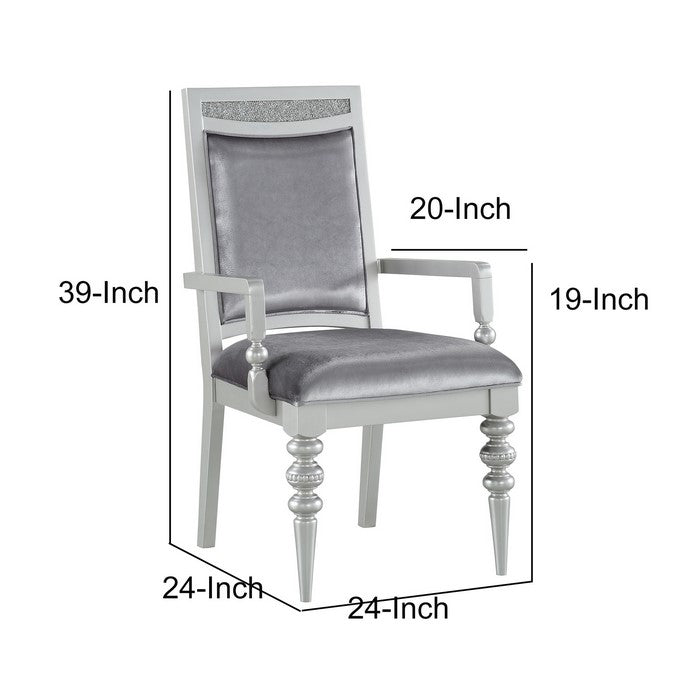 Crystal Inlaid Fabric Upholstered Wooden Arm Chair, Set of 2, Silver