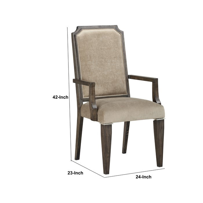Fabric Upholstered Dining Arm Chairs, Set of 2, Brown and Beige