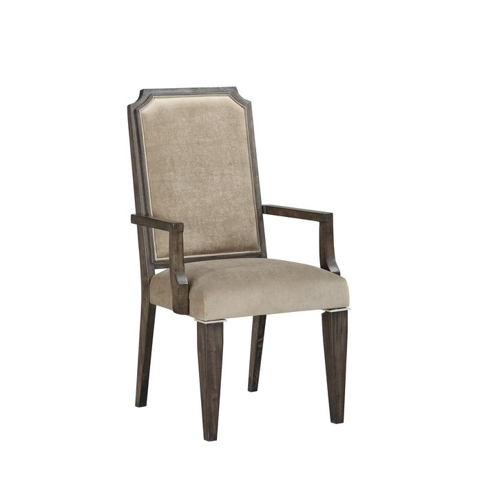 Fabric Upholstered Dining Arm Chairs, Set of 2, Brown and Beige