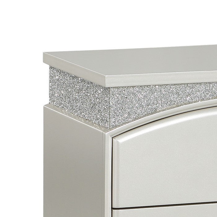 Modern Style 2 Drawer Wooden Nightstand with Rhinestone Inlays, Silver