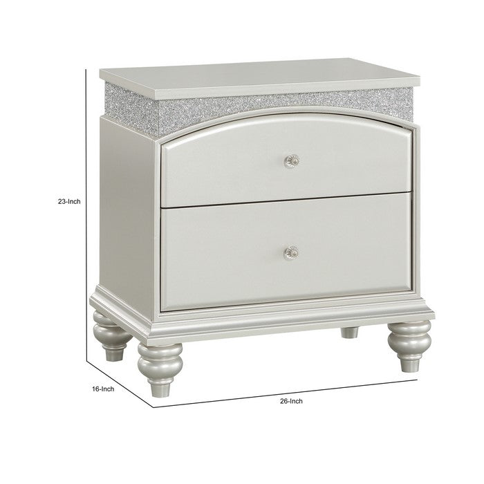 Modern Style 2 Drawer Wooden Nightstand with Rhinestone Inlays, Silver