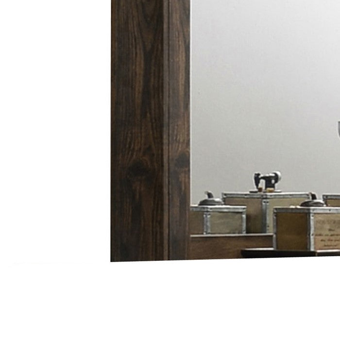 Transitional Style Wooden Decorative Mirror with Grooved Panels, Brown