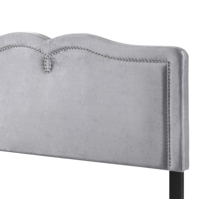 Velvet Upholstered Wooden Queen Size Bed with Nail head Trims, Gray