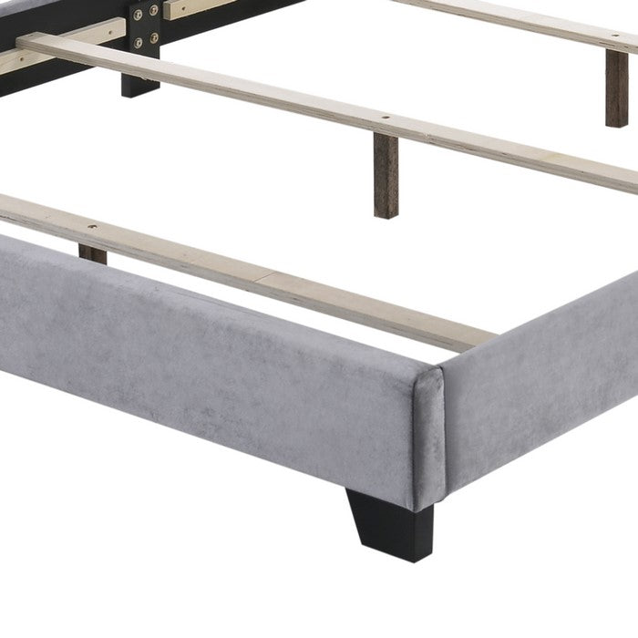 Velvet Upholstered Wooden Queen Size Bed with Nail head Trims, Gray