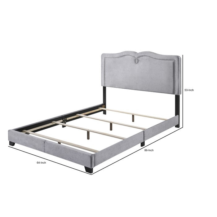 Velvet Upholstered Wooden Queen Size Bed with Nail head Trims, Gray