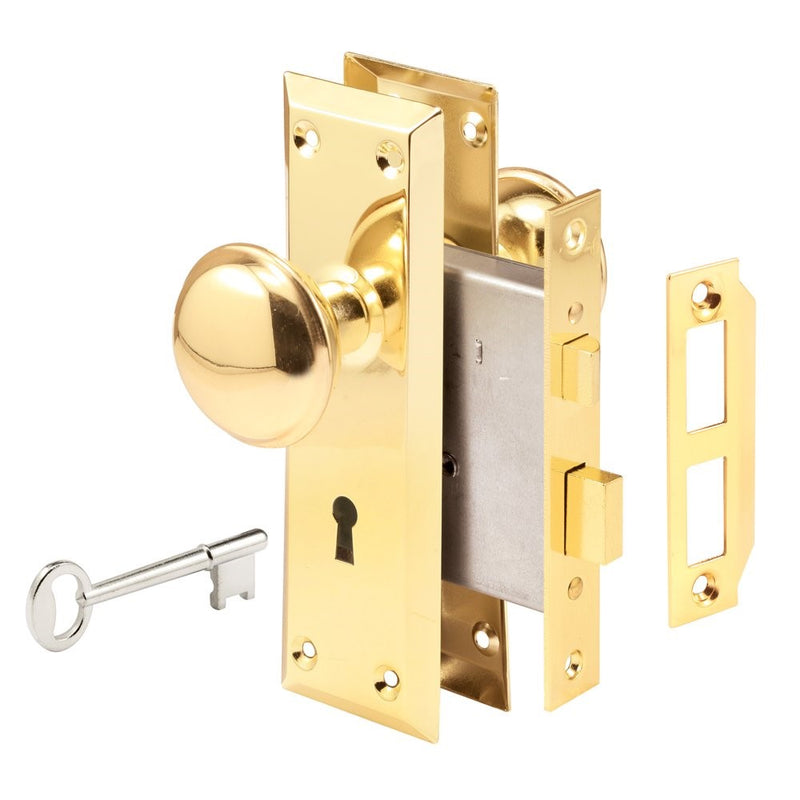 Prime-Line E 2293 Mortise Keyed Lock Set with Polished Brass Knob – Perfect for Replacing Broken Antique Lock Sets and More, Fits 1-3/8 in.-1-3/4 in. Interior Doors (Polished Brass)