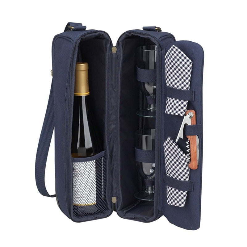 Picnic at Ascot - Deluxe Insulated Wine Tote with 2 Wine Glasses, Napkins and Corkscrew - Navy