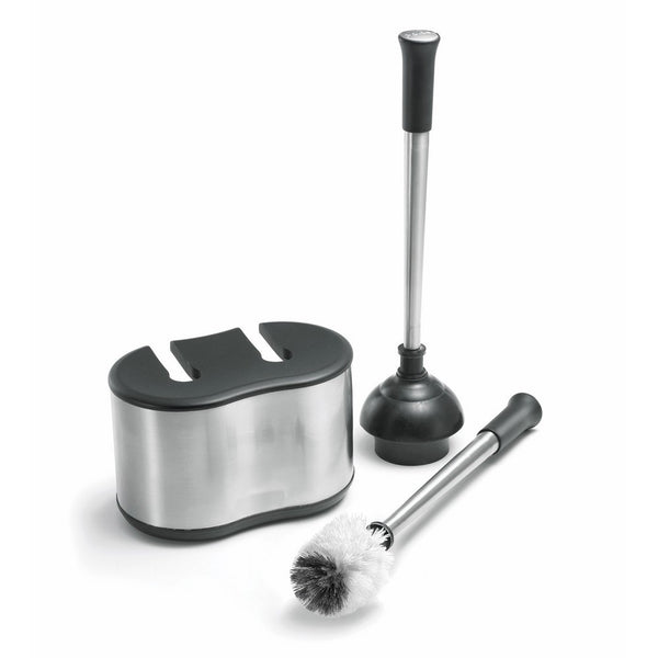 Polder Toilet Brush and Plunger Bath Caddy – Replacement Brush Head Included - Stainless Steel & Black