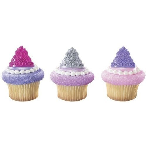 PRINCESS Tiara CROWNS Pink Purple Silver 12 Cupcake Cake Pop PARTY Favor RINGS