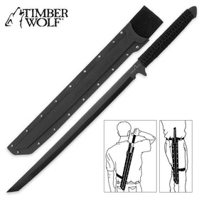 Timber Wolf Full Tang Ninja Sword Machete with Shoulder Scabbard - All Black Stealth Combat Sword with Multi Carry Options