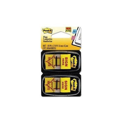 3M Post-it 680SH2 Sign Here Message Flags, 1" x1-3/4, 100/PK, Yellow