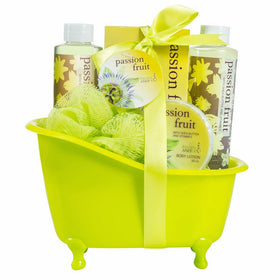 Bath and Body Gift Set Fresh Aromatherapy Passion Fruit Bath Tub Skincare Beauty Basket Contains: Shower Gel - Bubble Bath - Body Lotion - Bath Salt - Puff, Enriched with Shea Butter & Vitamin E