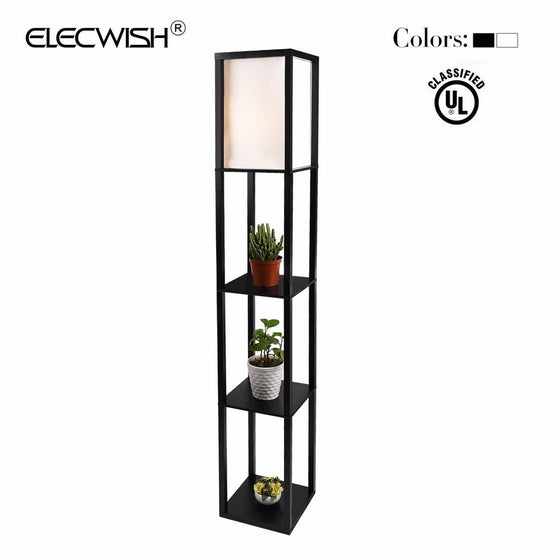 ELECWISH USIL10082 Shelf Floor Lamp with Linen Shade, UL Listed, Wooden Frame, Switch On/Off, Etagere Organizer Shelf, 63" H, Black