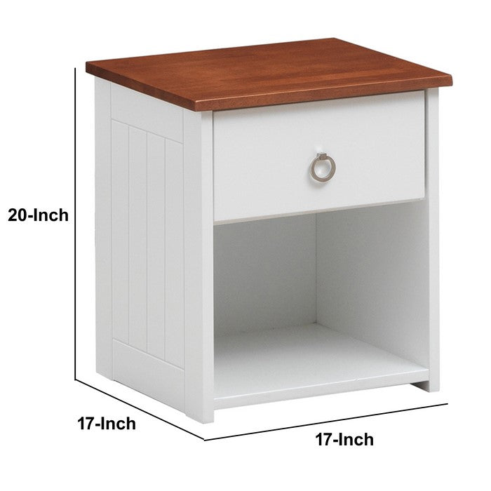 Nautical Wooden Nightstand with Open Compartment, Brown and White