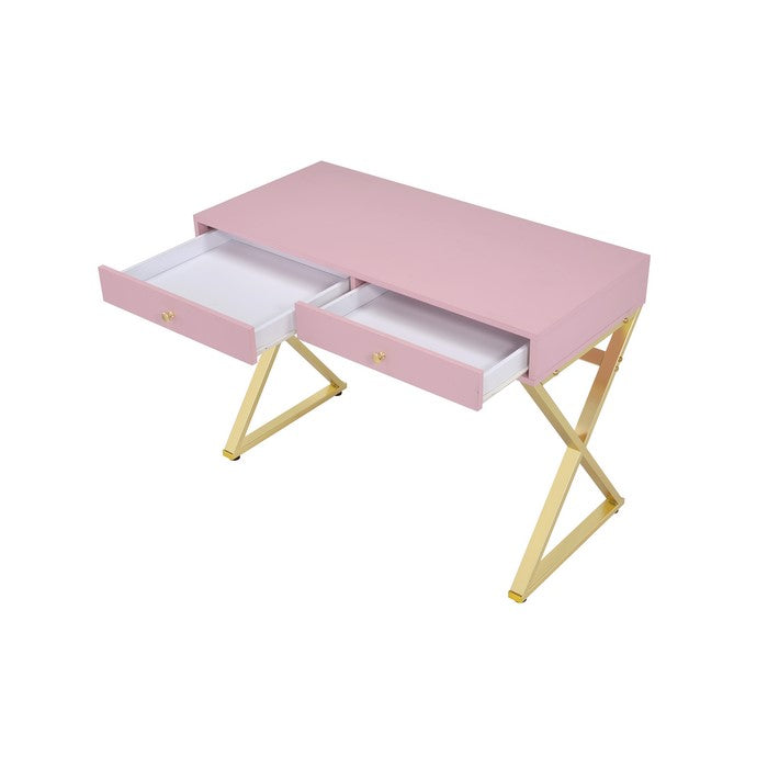 Wooden Rectangular Desk with Storage and X Shaped legs, Pink and Gold