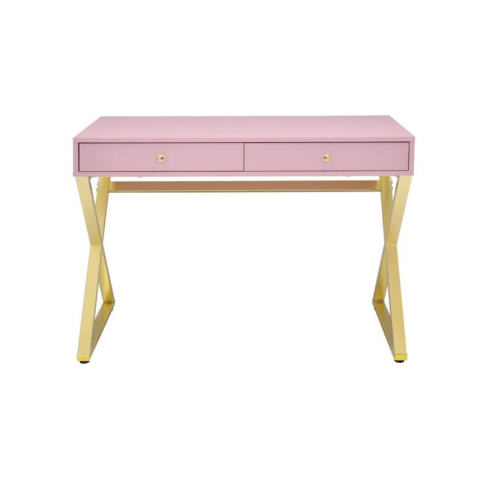Wooden Rectangular Desk with Storage and X Shaped legs, Pink and Gold