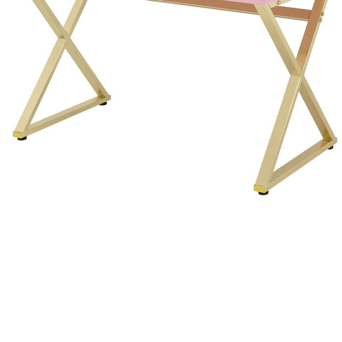 Wooden Rectangular Desk with Storage and X Shaped legs, Pink and Gold