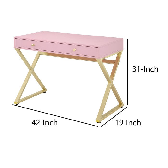 Wooden Rectangular Desk with Storage and X Shaped legs, Pink and Gold