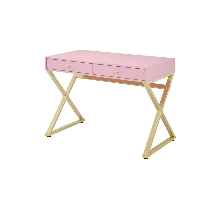 Wooden Rectangular Desk with Storage and X Shaped legs, Pink and Gold