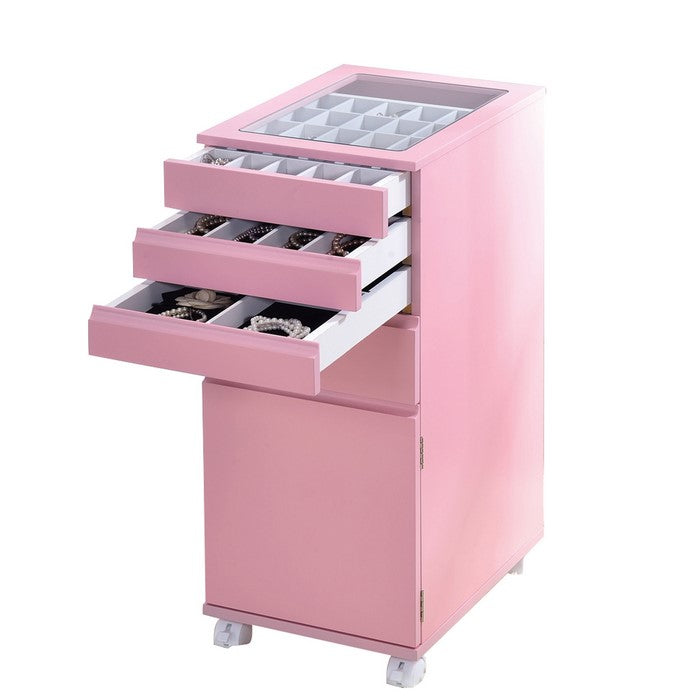 Glass Top Wooden Jewelry Armoire with Storage Compartments, Pink