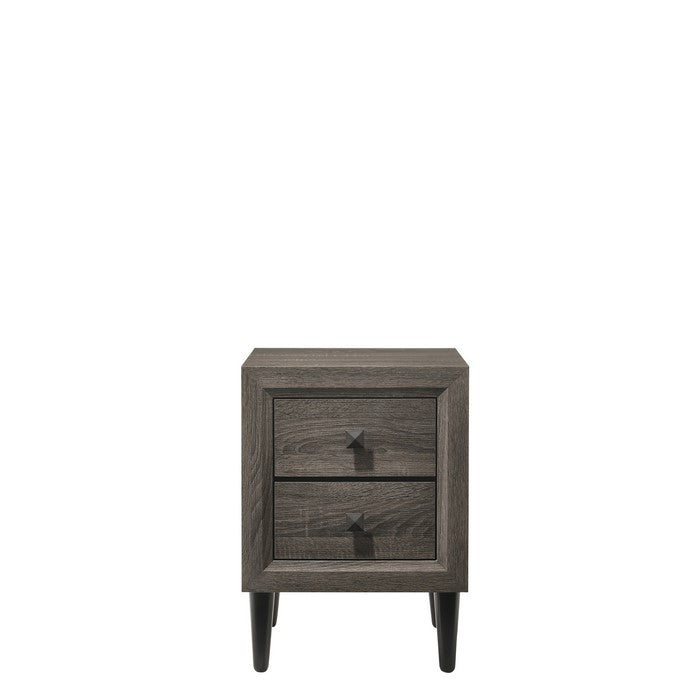 Wooden Night Table with 2 Drawers and Tapered Legs, Gray and Black