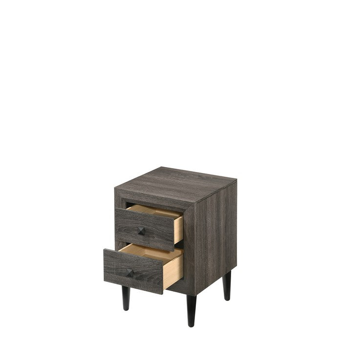 Wooden Night Table with 2 Drawers and Tapered Legs, Gray and Black