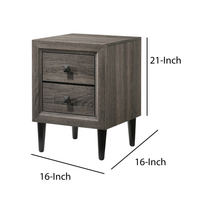 Wooden Night Table with 2 Drawers and Tapered Legs, Gray and Black