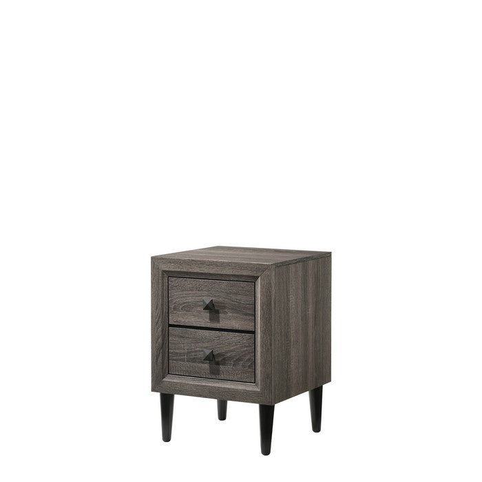 Wooden Night Table with 2 Drawers and Tapered Legs, Gray and Black