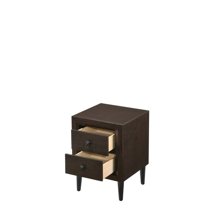 Wooden Night Table with 2 Drawers and Tapered Legs, Brown and Black