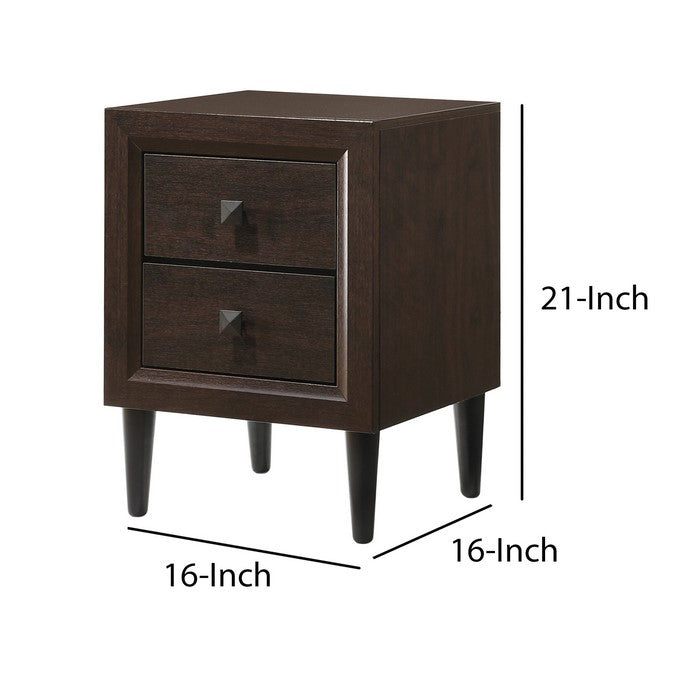 Wooden Night Table with 2 Drawers and Tapered Legs, Brown and Black
