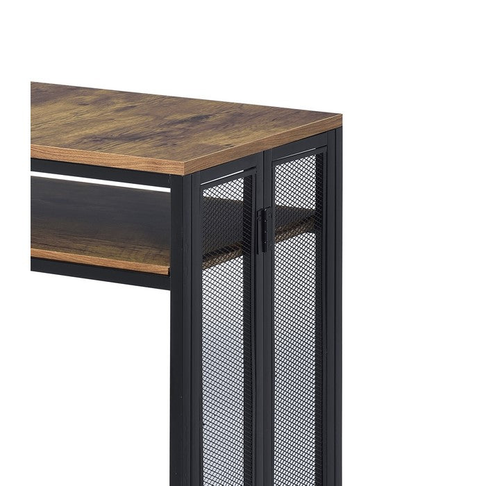 Metal Sofa Table with Wooden Shelves and Folding Side, Black and Brown