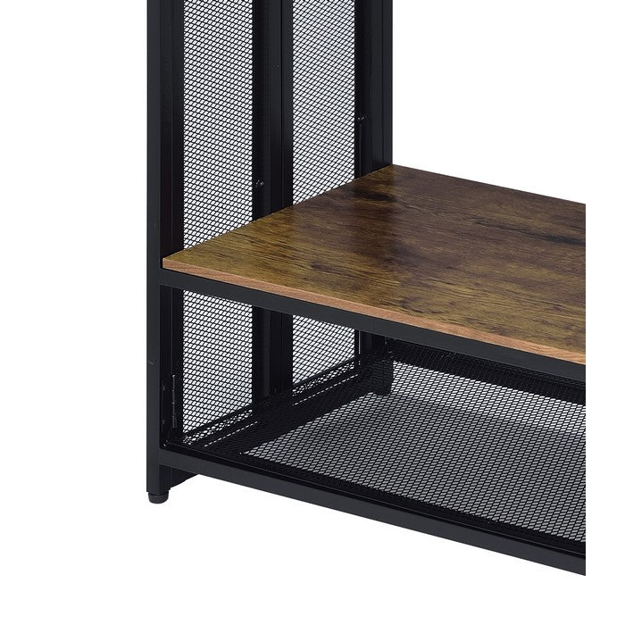 Metal Sofa Table with Wooden Shelves and Folding Side, Black and Brown
