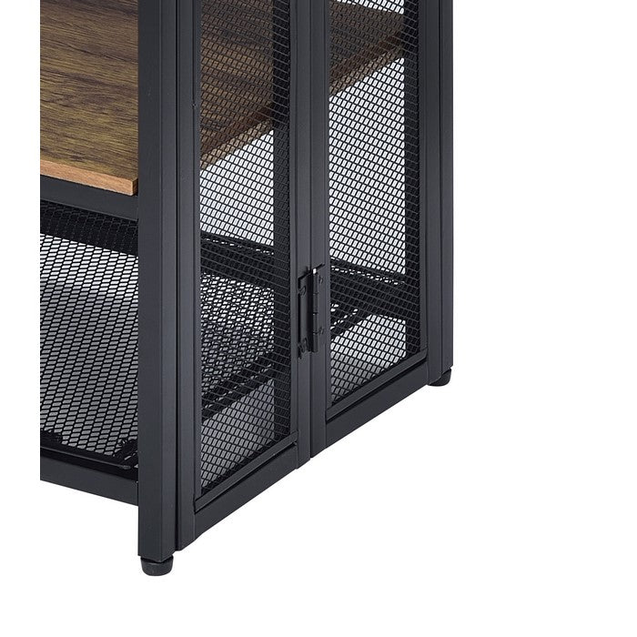 Metal Sofa Table with Wooden Shelves and Folding Side, Black and Brown