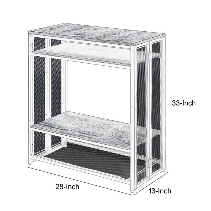 Metal Sofa Table with Wooden Shelves and Folding Side, Black and Brown