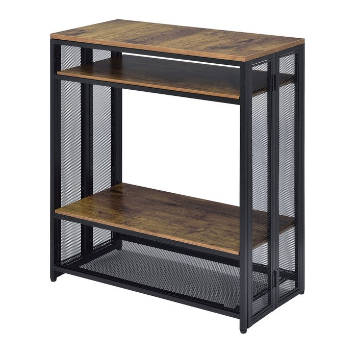 Metal Sofa Table with Wooden Shelves and Folding Side, Black and Brown
