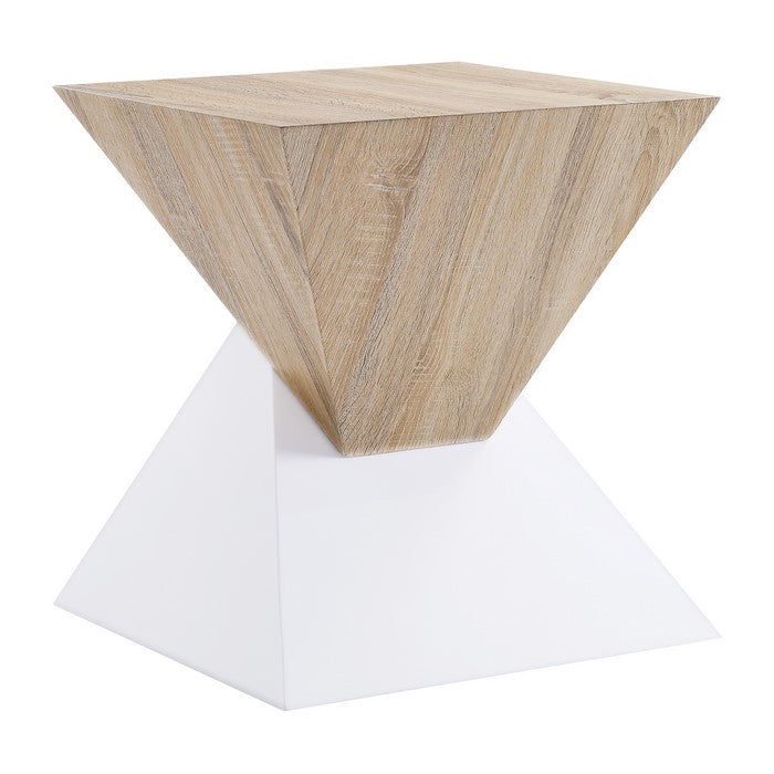 Square Shape Wooden Night Table with Pyramidal Base, White and Brown