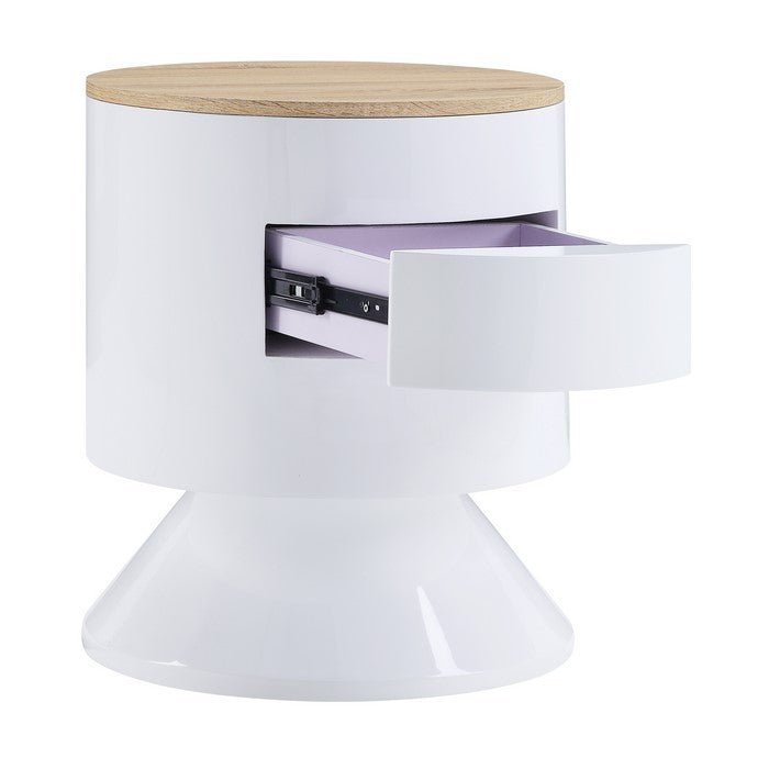 1 Drawer Pyramidal Base Circular Wooden Night Table, White and Brown